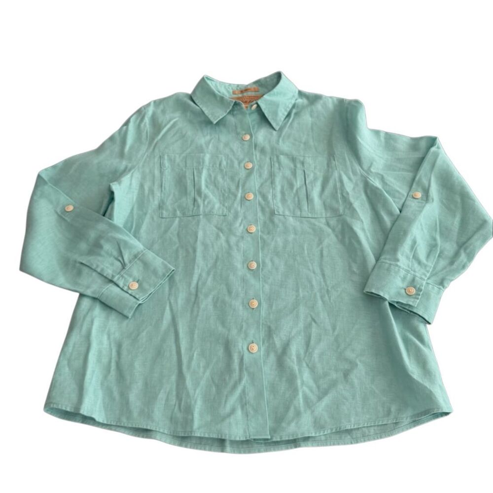Investments Petites Gold Label 100% Linen Button Up Shirt - Mint Green - 10P - Picture 7 of 7